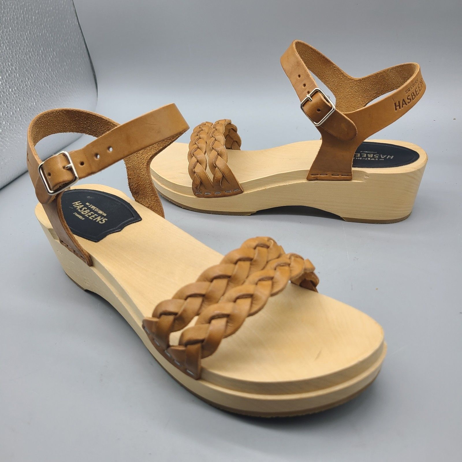 Swedish Hasbeens Tanja Debutant Sandals Tan Leather Braided Women Eu 37 Us 6.5-7